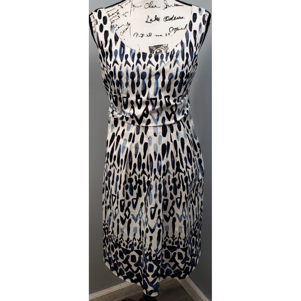 Elie Tahari Sheath Dress Womens 8 White Blue Abstract Print Sleeveless Side Zip‎